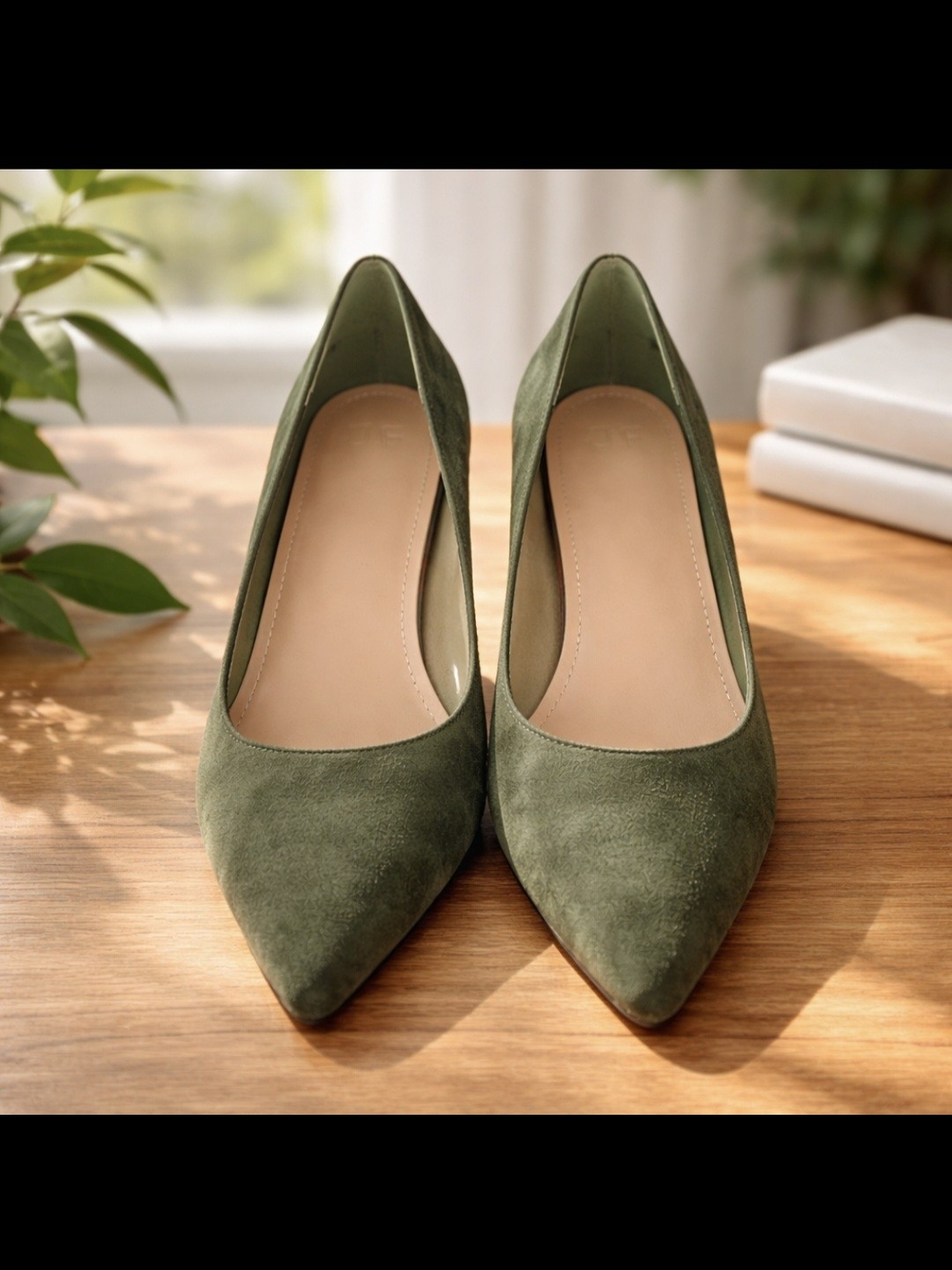 JustFab Classic Pointed-Toe Suede Pumps in Olive Green